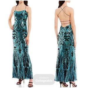 Next / Up Black and Teal Sequin Backless Strappy Evening Gown